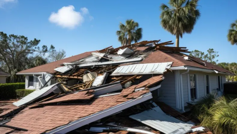Extensive roof damage and a collapsed structure, thanks to hurricanes in Florida